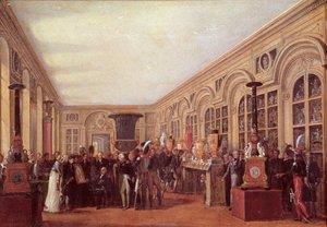 Alexandre Brongniart (1770-1847) Præsenterer kunstnerne fra Sevres-værkstedet til Louis XVIII (1755-1824) (olie på papir)